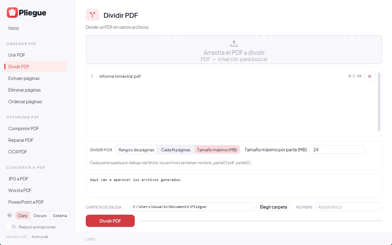 Herramienta Dividir PDF con la opción de tamaño máximo en MB