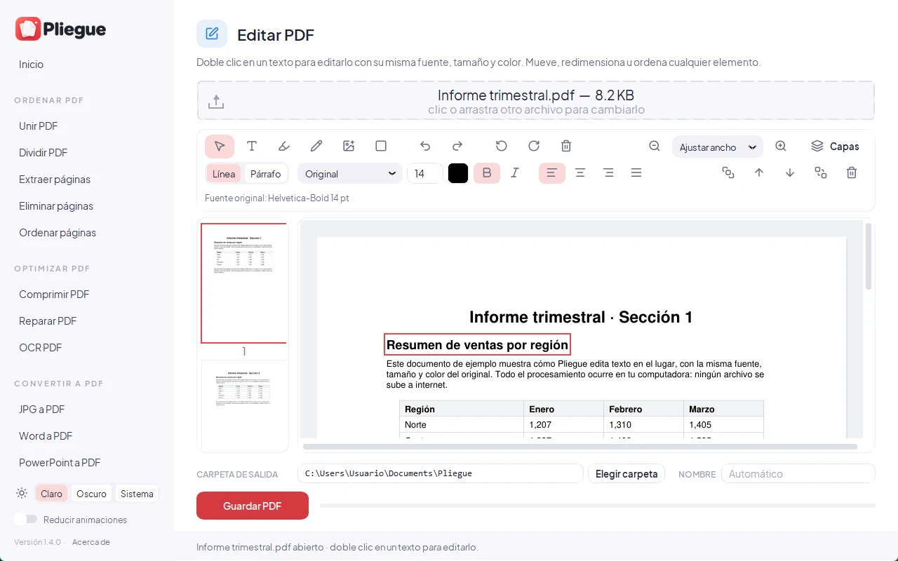 Editor de PDF con una línea de texto seleccionada para editarla