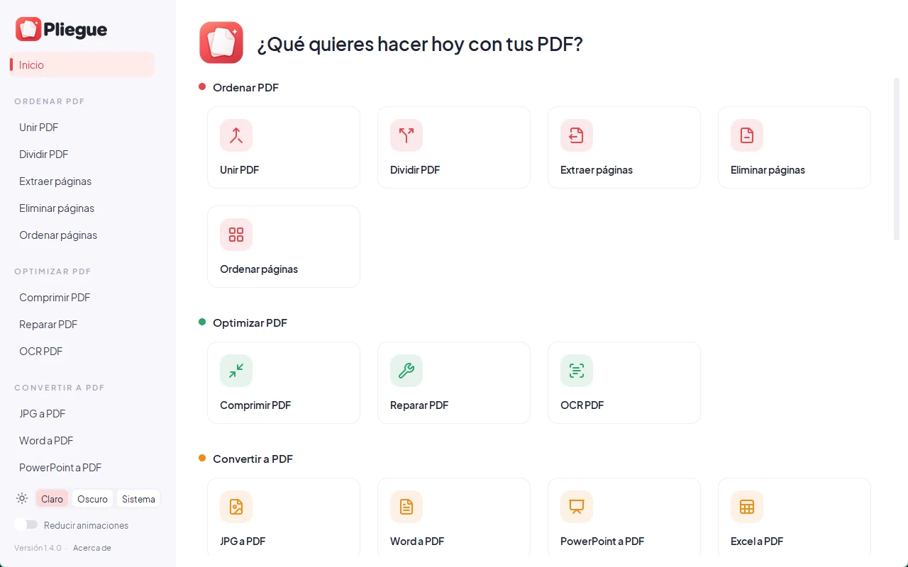 Pantalla de inicio de Pliegue con todas las herramientas, en modo claro