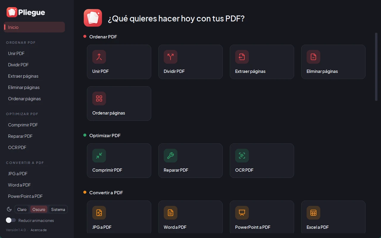 Pantalla de inicio de Pliegue en modo oscuro